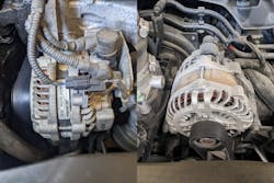 The alternators pictured here (Honda Civic on the left and Ram on the right) are responsible for supplying all the electrical needs of the entire vehicle and recharging the battery. The alternators pictured here (Honda Civic on the left and Ram on the right) are responsible for supplying all the electrical needs of the entire vehicle and recharging the battery.
