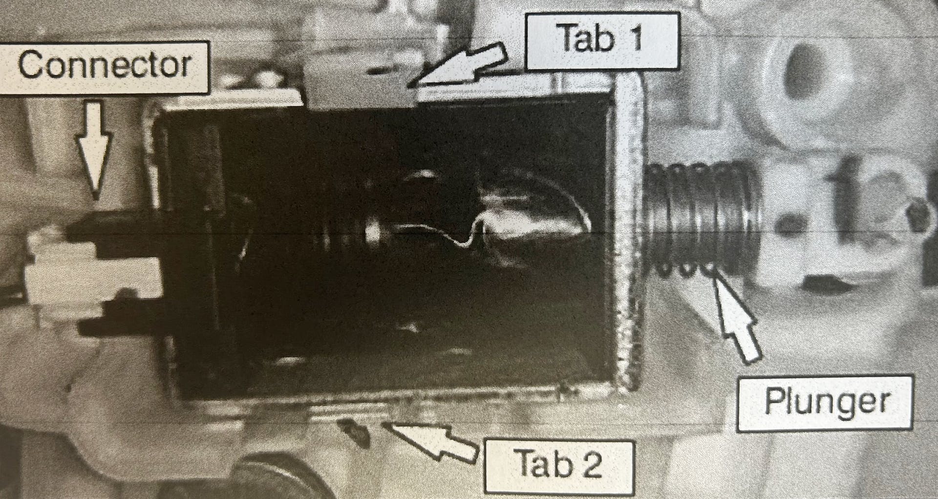 Note the locations of the connector, Tab 1, Tab 2 and the plunger.