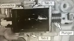 Note the locations of the connector, Tab 1, Tab 2 and the plunger.