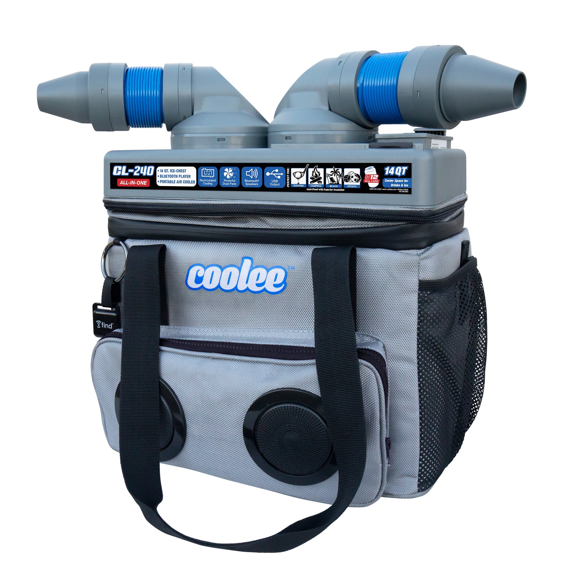 The Coolee CL-240 is equipped with a rechargeable 10,000mAH lithium-ion battery. The Coolee CL-240 is available in blue/gray or camo.