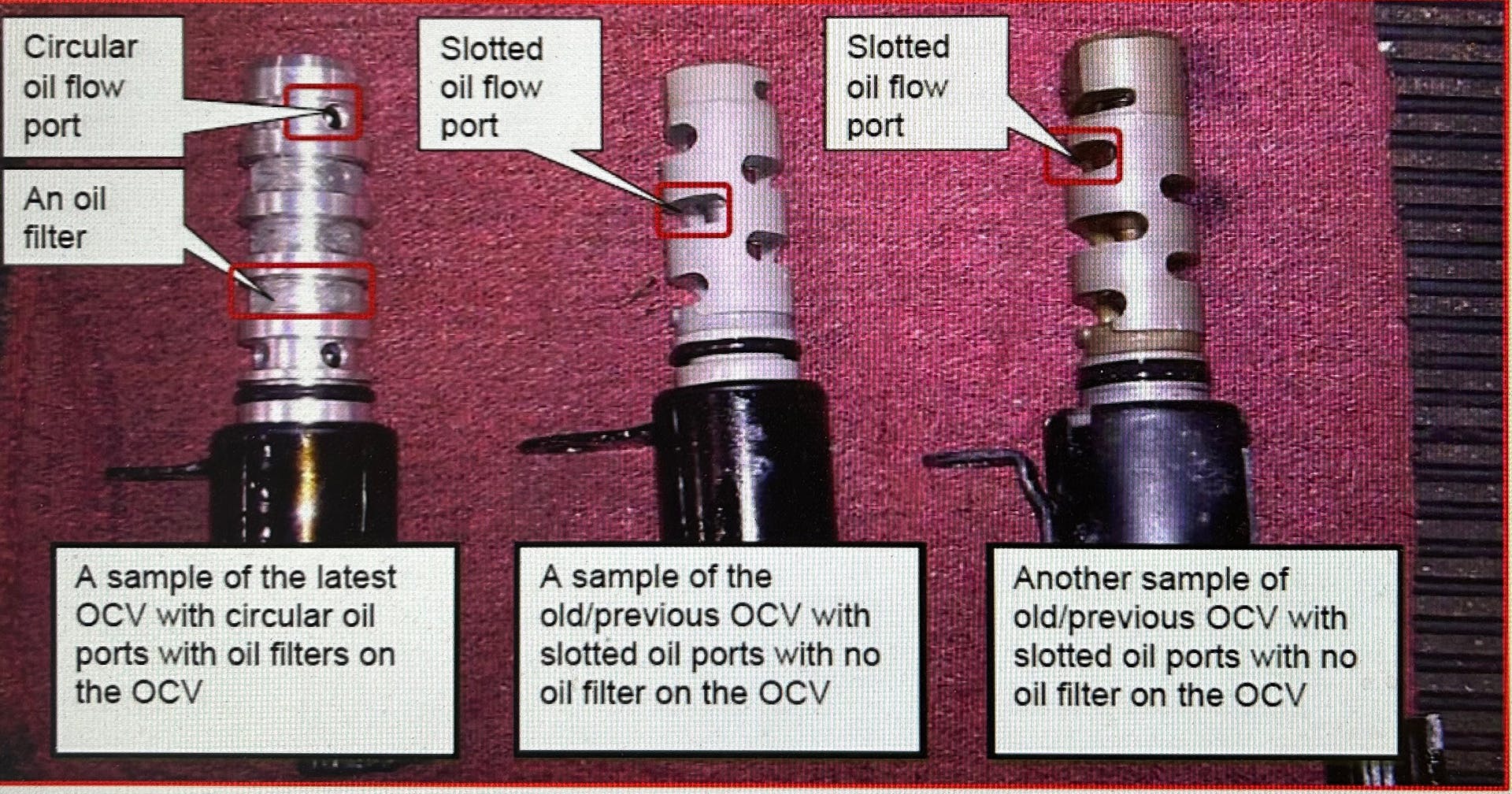 The newest to oldest oil control valves are shown from left to right.
