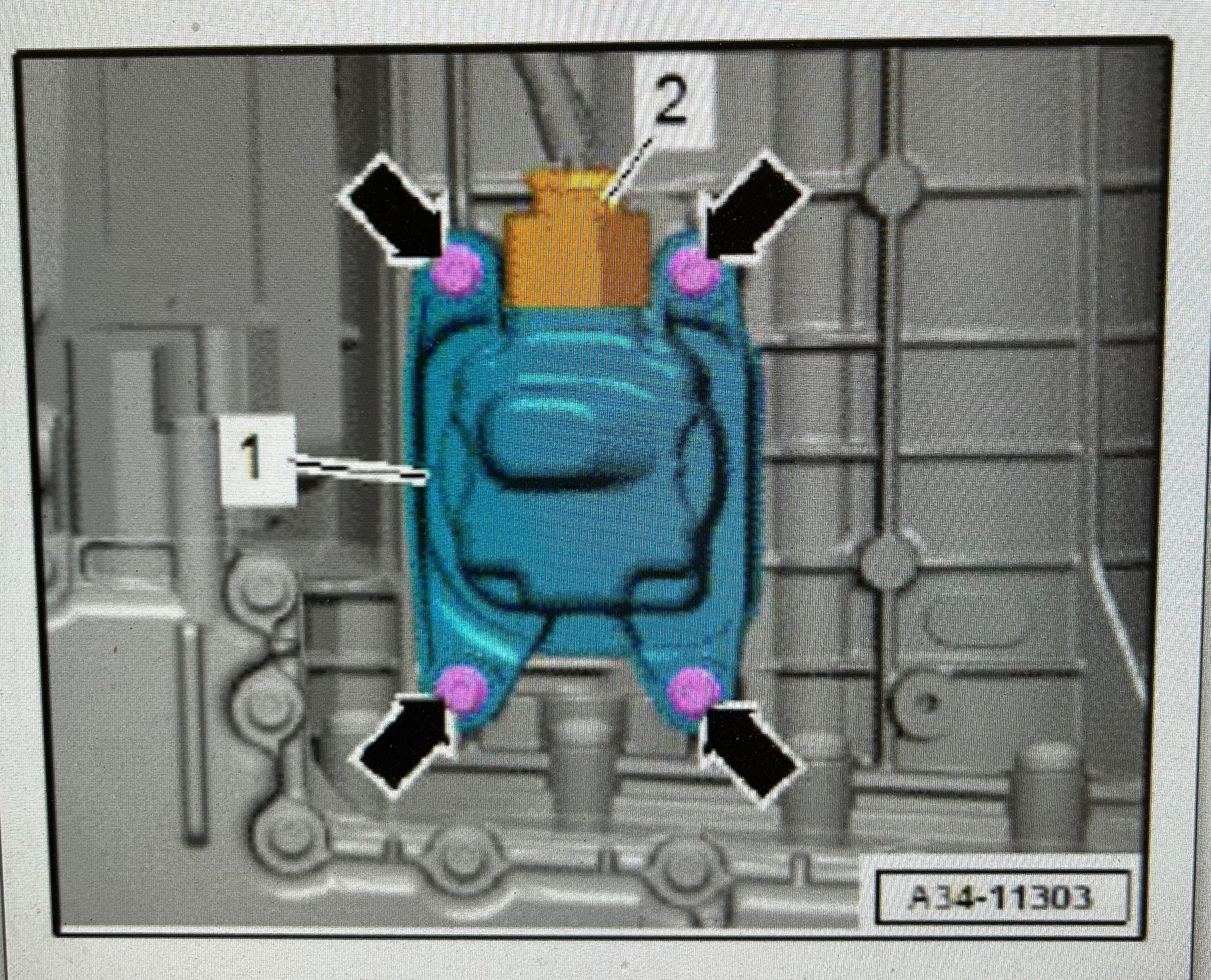 1) Transmission fluid pump B. 2) Connector. When replacing the pump also replace all four mounting bolts.