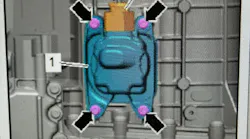 1) Transmission fluid pump B. 2) Connector. When replacing the pump also replace all four mounting bolts.