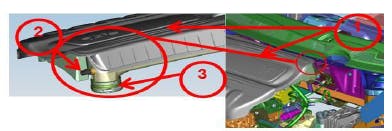 1) Throttle body air inlet; 2) Air cleaner box connection.