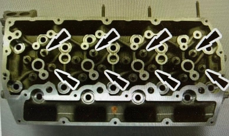 Location of exhaust valves on the 6.7L diesel cylinder head.