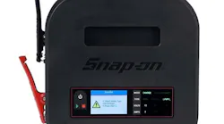 The Snap-on Bench Top Battery Charger Plus EEBC30A12V is housed in a rugged yet compact design with storage for the power cord and charging cables.