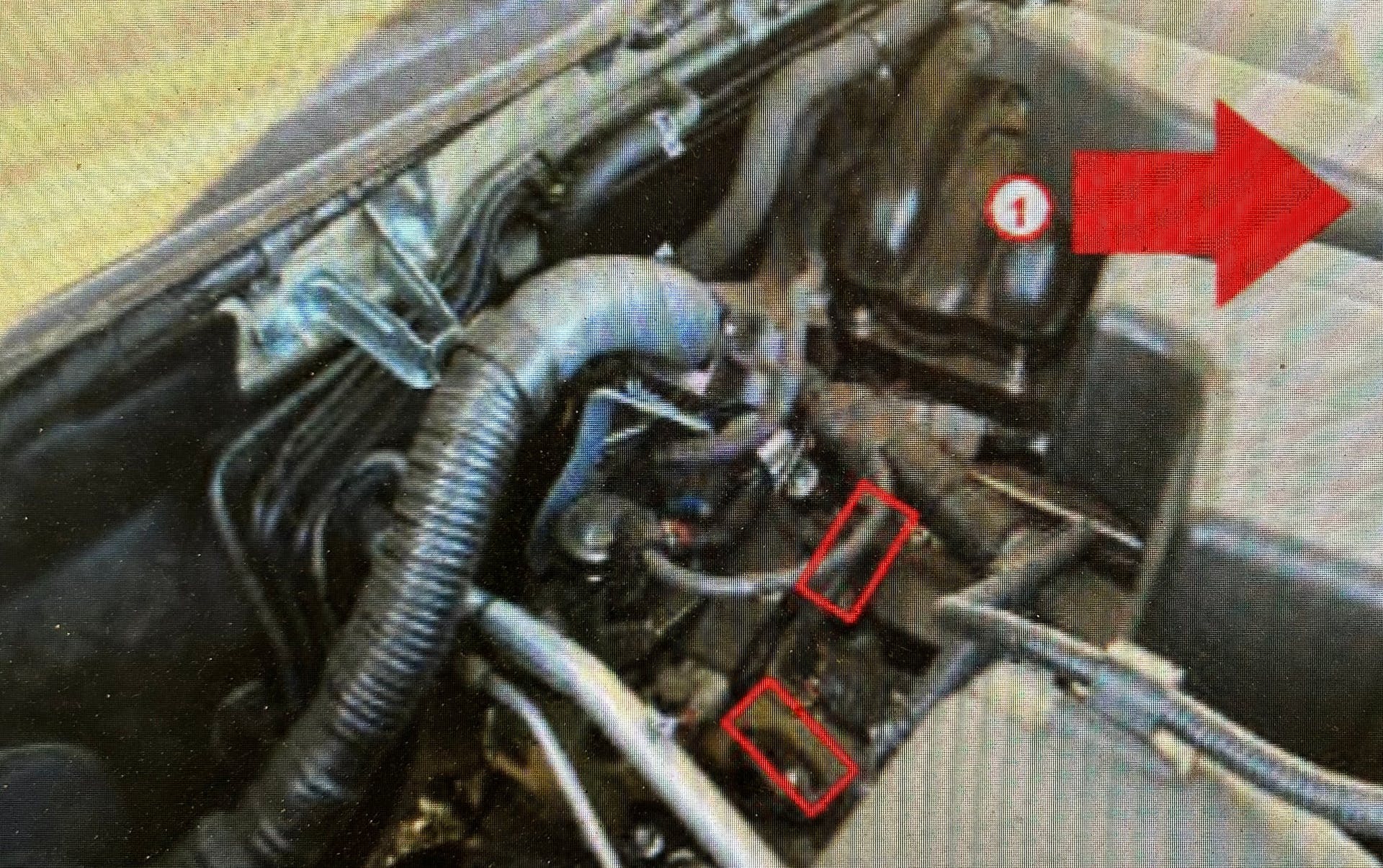 Cam sensor locations. The red arrow indicates the vehicle front.