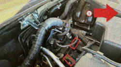 Cam sensor locations. The red arrow indicates the vehicle front.