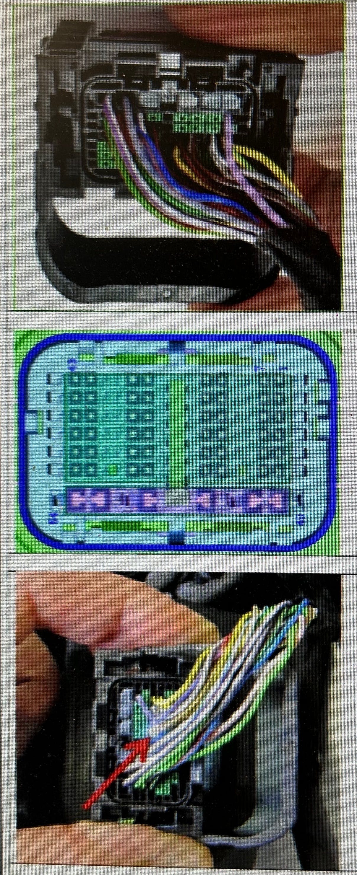 Top: Locate connector A368*1B and remove it from the DME. Center: Check for water residue or corrosion in the connector and in the connector chamber of the DME. Bottom: If no water residue is found, install any missing sealing pins. If damage/water residue is found, replace the wiring harness and the DME control unit.