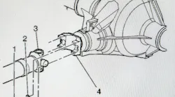Replace the two U-joint retainers (2) and the four retainer bolts (1).