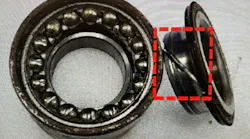 Example of splitting/cutting of the inner wheel bearing race due to improper tool/method of bearing removal or installation.