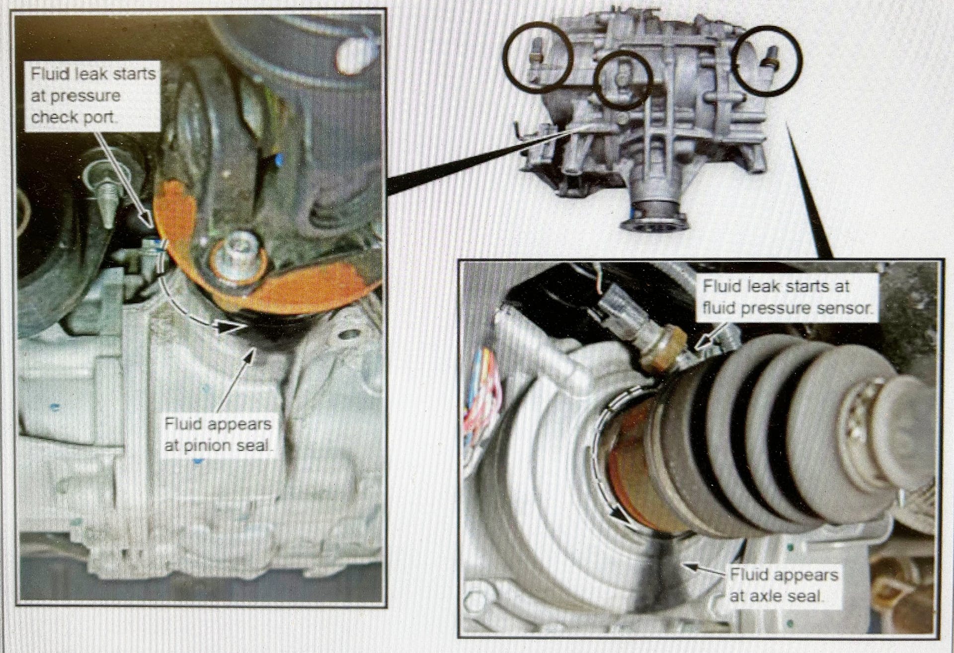 At left is an example of a fluid leak caused by a loose pressure check port, appearing as a pinion sea leak. At right is the fluid pressure sensor that may leak onto the axle seal.
