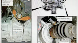 At left is an example of a fluid leak caused by a loose pressure check port, appearing as a pinion sea leak. At right is the fluid pressure sensor that may leak onto the axle seal.