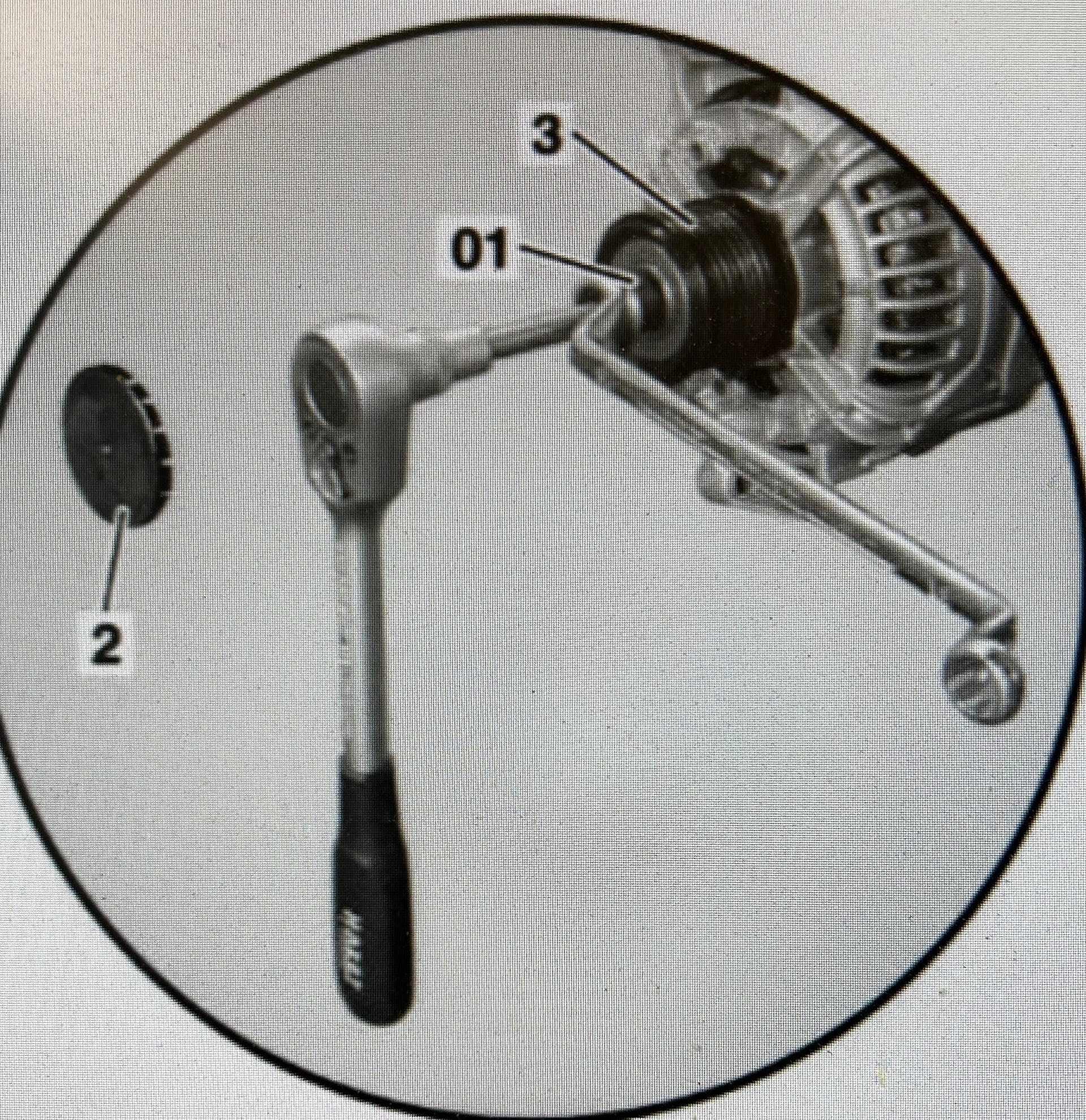 1) Socket tool; 2) Protective cap; 3) Check for alternator pulley freewheel.
