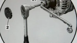 1) Socket tool; 2) Protective cap; 3) Check for alternator pulley freewheel.