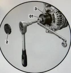 1) Socket tool; 2) Protective cap; 3) Check for alternator pulley freewheel. 1) Socket tool; 2) Protective cap; 3) Check for alternator pulley freewheel.