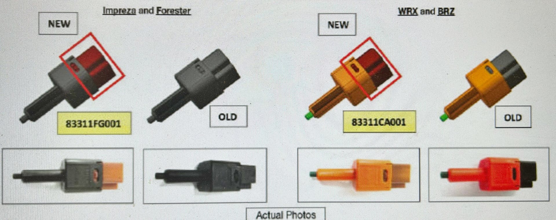 Examples of the old vs new stop lamp switches. The new switches are easily identified by a brownish-colored harness connection socket as opposed to the previous black sockets.