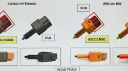 Examples of the old vs new stop lamp switches. The new switches are easily identified by a brownish-colored harness connection socket as opposed to the previous black sockets.