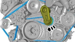 Note location of the belt tensioner (green).