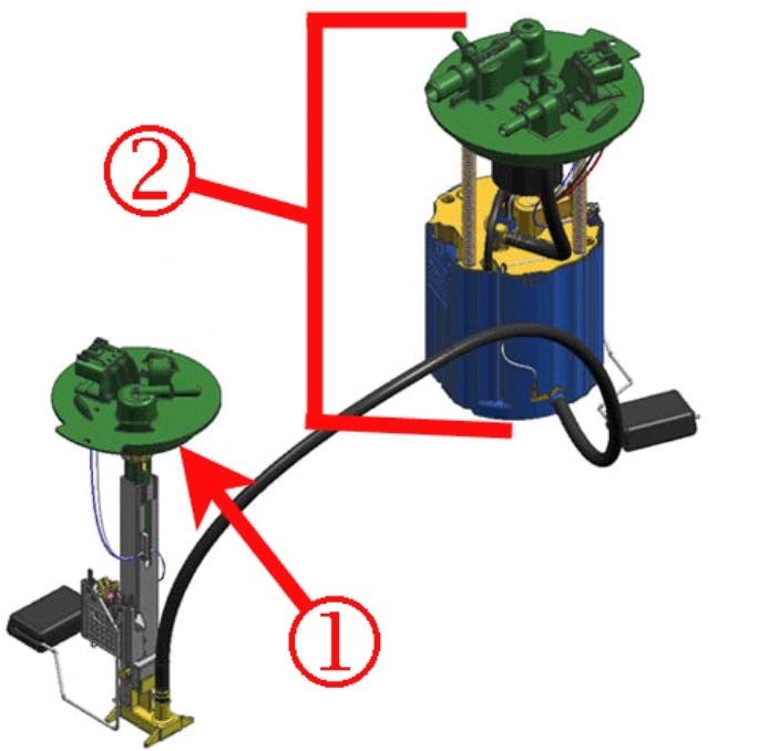 1) Auxiliary fuel pump; 2) primary fuel pump.