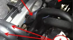 1) Heater core supply and return hoses; 2) Purge solenoid; 3) Purge solenoid wire harness.