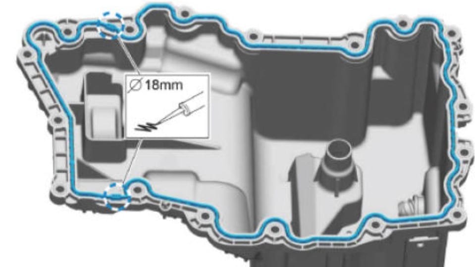 Only apply RTV to the locations shown here at the front cover-to-block joint areas.