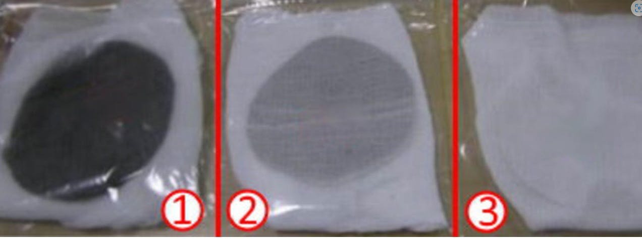 Examples of soot particles captured on cheesecloth. One and two show excessive particles indicating that the DPF is due for replacement. Three is an example of a clean test pass.