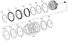 Retaining ring 415; input shaft speed sensor reluctor wheel 416; 3-5 reverse clutch piston 417; 3-5 reverse and 4-5-6 clutch housing assembly 422.
