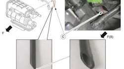 Cut the EVAP hose No. 1 (A) diagonally to enlarge the cross-section as shown (C). For reference, F indicates vehicle front. B indicates the view from the bottom.