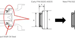 The old seal P/N 09283-40035 has been replaced with new P/N 09283-40042. Dimension A remains at 40 mm. Dimension B changes from 70.2mm to 72 mm. Dimension C changes from 20.3mm to 23.3 mm.