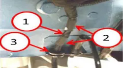 1) Correct position for grommet; 2) Wrapped tape; 3) Grommet.