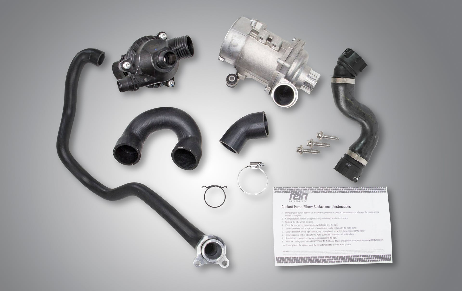 The Rein Water Pump Assembly Kit includes all of the hoses, clamps, bolts and necessary hardware required to complete a service. The kit also includes aluminum mounting screws and any application specific components.