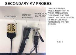 Fig. 1: Attempting to obtain a secondary ignition waveform can present a real challenge using a secondary KV probe. (All photos by author) Fig. 1: Attempting to obtain a secondary ignition waveform can present a real challenge using a secondary KV probe. (All photos by author)