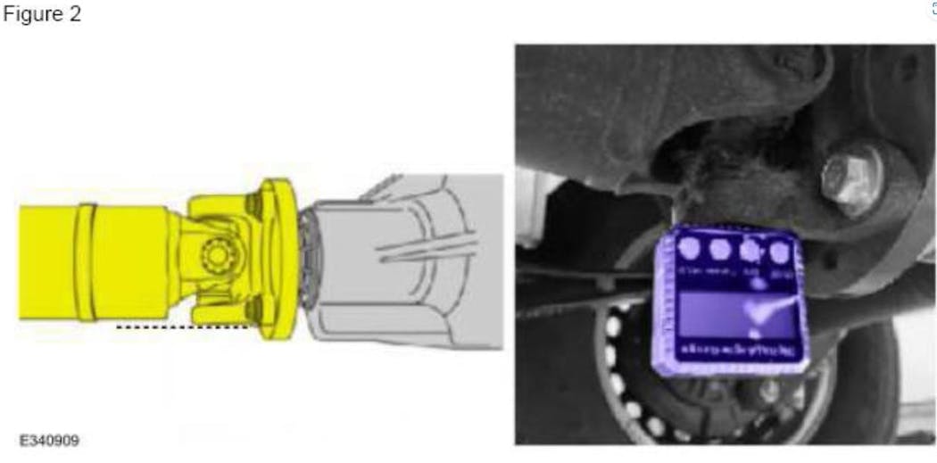 Take the rear axle pinion angle measurement from the horizontal face of the rear axle flange yoke and record it as angle &apos;A.&apos;