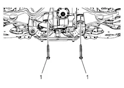 Remove one differential mount bolt and loosen the opposite bolt. Install a shim to the removed bolt location and reinstall the bolt enough to support the differential. Remove the other bolt and do the same, then tighten both to specs.