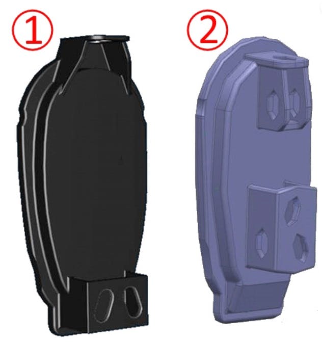 When replacing the brake actuator, verify that the brake actuator has the updated cover (1) old version; 2) updated version.