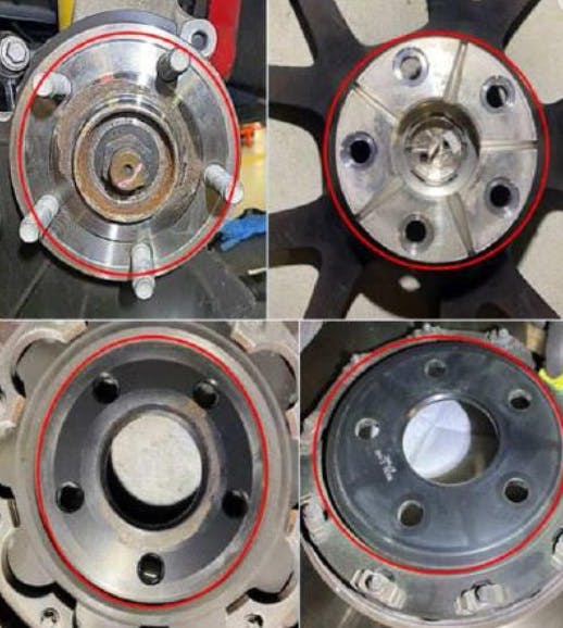 Clean the hub face. Clean all mounting surfaces. This shows all areas that need to be cleaned.