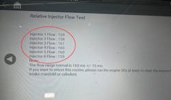Bi-directional control of the fuel injectors allowed for an injector balance test. I take a “passing” result (like the one displayed here) with a grain of salt. Typically, I find this test only reliable for a significant failure of an injector, either mechanically or electrically. A failure would indicate an issue, but a passing result could leave some stones unturned. More in-depth testing is required. Bi-directional control of the fuel injectors allowed for an injector balance test. I take a “passing” result (like the one displayed here) with a grain of salt. Typically, I find this test only reliable for a significant failure of an injector, either mechanically or electrically. A failure would indicate an issue, but a passing result could leave some stones unturned. More in-depth testing is required.