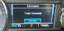 This dash warning message will show up when a trailer is attached to the pickup truck&rsquo;s seven-way connector.