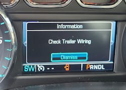 This dash warning message will show up if the truck detects an issue in the trailer brake electrical circuit of the truck or the trailer. It is a normal condition when the trailer is unplugged, with the ignition on when disconnecting the trailer, but not when towing down the road. This warning only shows an issue with the trailer brake electrical circuit. This dash warning message will show up if the truck detects an issue in the trailer brake electrical circuit of the truck or the trailer. It is a normal condition when the trailer is unplugged, with the ignition on when disconnecting the trailer, but not when towing down the road. This warning only shows an issue with the trailer brake electrical circuit.