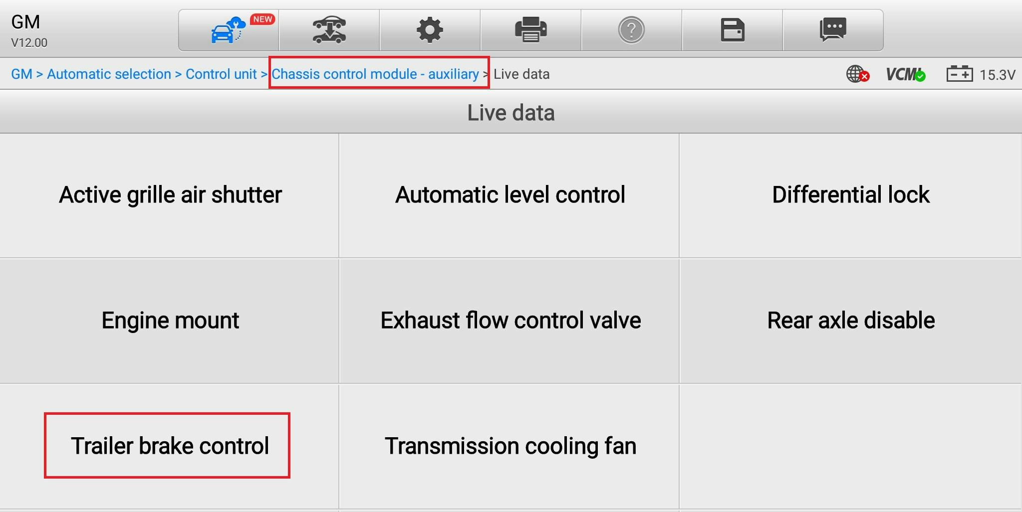 This screen shot from the scan tool shows that the trailer brake control data and testing is in the Chassis Control Module Auxiliary on this 2017 GMC Sierra. The location of the trailer brake control will depend on the level, types of options and year and model of a light duty GM pickup.