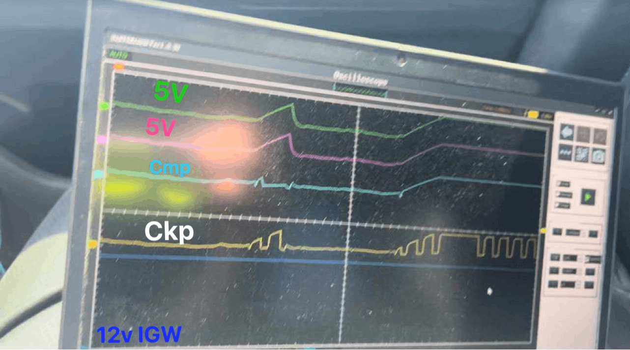 This lab scope capture demonstrates the CKP and CMP sensor signals failing. Definitely a cause of a PCM reset. However, it&rsquo;s the 5V reference circuit feeding the sensors that is the root cause fault. This must be pursued to locate the cause of the PCM reset concern.