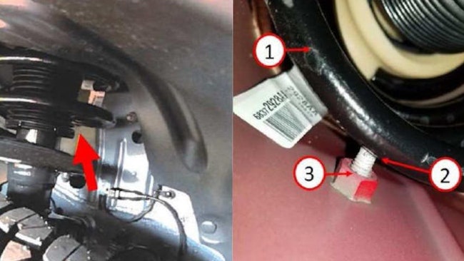 In photo at right...1) spring; 2) area to perform clearance measurement; 3) bolt (located on inner wheel well).