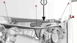 Remove the air inlet grille panels and the windshield wiper system module (1).