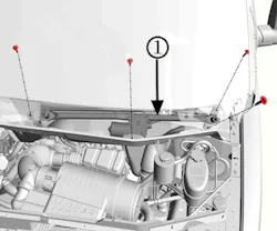 Remove the air inlet grille panels and the windshield wiper system module (1).