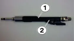 Bosch injector with black plastic housing (1). Part number location (2).