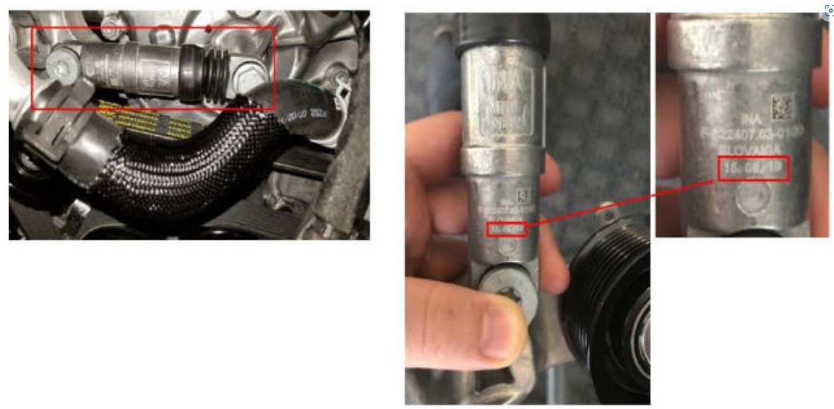 The Julian date is stamped on the front of the hydraulic belt tensioner.