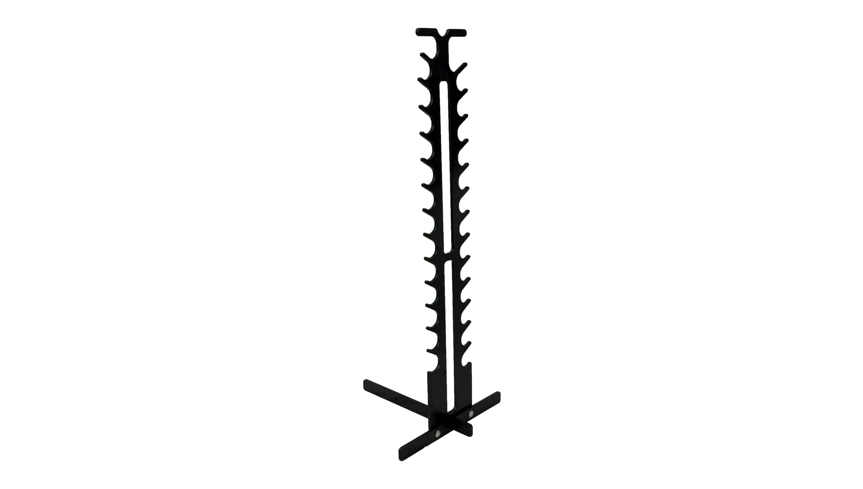 a black metal wrench support stand with a metal T base