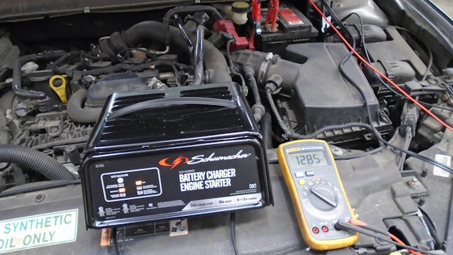 Here you can see a battery holds a nice 12.8V charge with the ignition on, and the charger in the 10A charging mode.