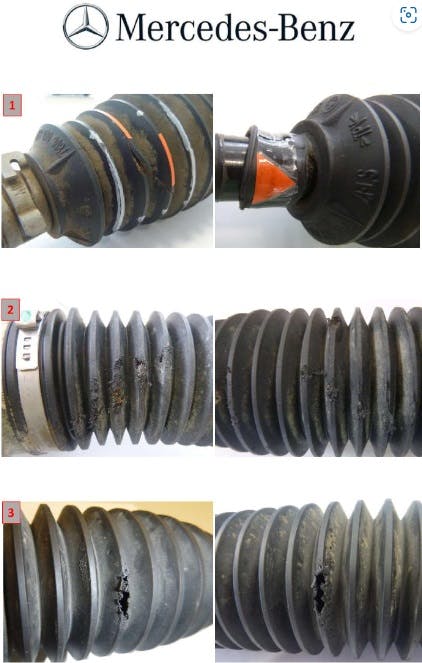 Water ingress at a damaged boot can result in rattle/hum noise.